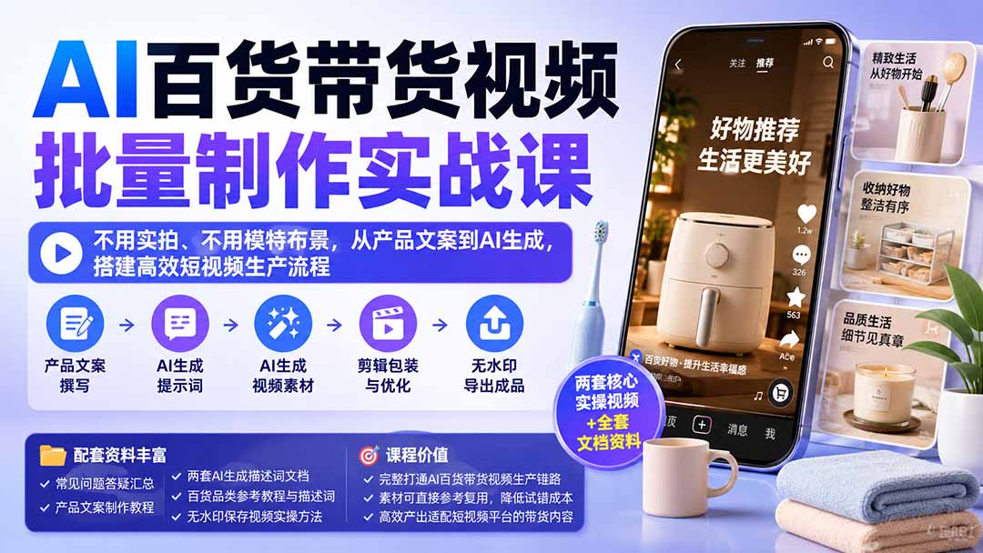 AI百货带货视频批量制作实战课：不用实拍、不用模特布景，从产品文案到AI生成，搭建高效短视频生产流程 - 寻创社