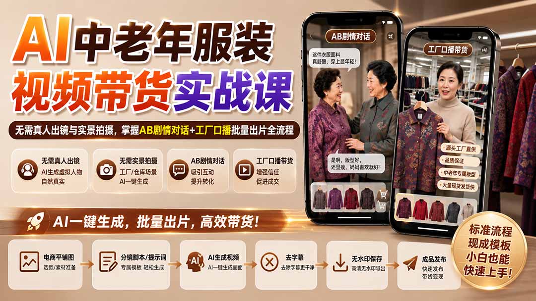 AI中老年服装视频带货实战课：无需真人出镜与实景拍摄，掌握AB剧情对话+工厂口播批量出片全流程 - 寻创社