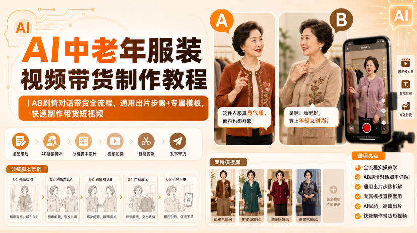 AI中老年服装视频带货制作教程｜AB剧情对话带货全流程，通用出片步骤+专属模板，快速制作带货短视频 - 寻创社