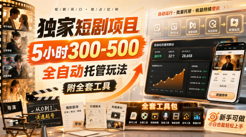 独家短剧项目，5小时300-500，全自动托管玩法，附全套工具【揭秘】 - 寻创社