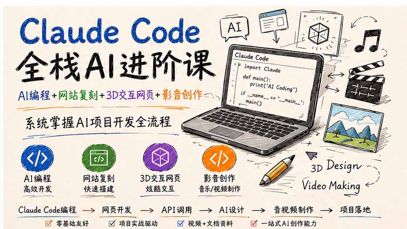 Claude Code全栈AI进阶课-更新；AI编程+网站复刻+3D交互网页+影音创作，系统掌握AI项目开发全流程 - 寻创社