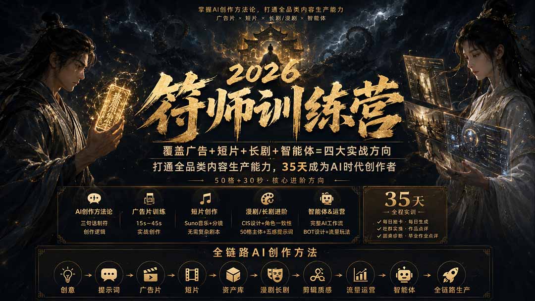 符师训练营-35天成为AI时代创作者，广告+短片+漫剧+智能体四大实战方向，掌握从创意到上线的完整工作流 - 寻创社