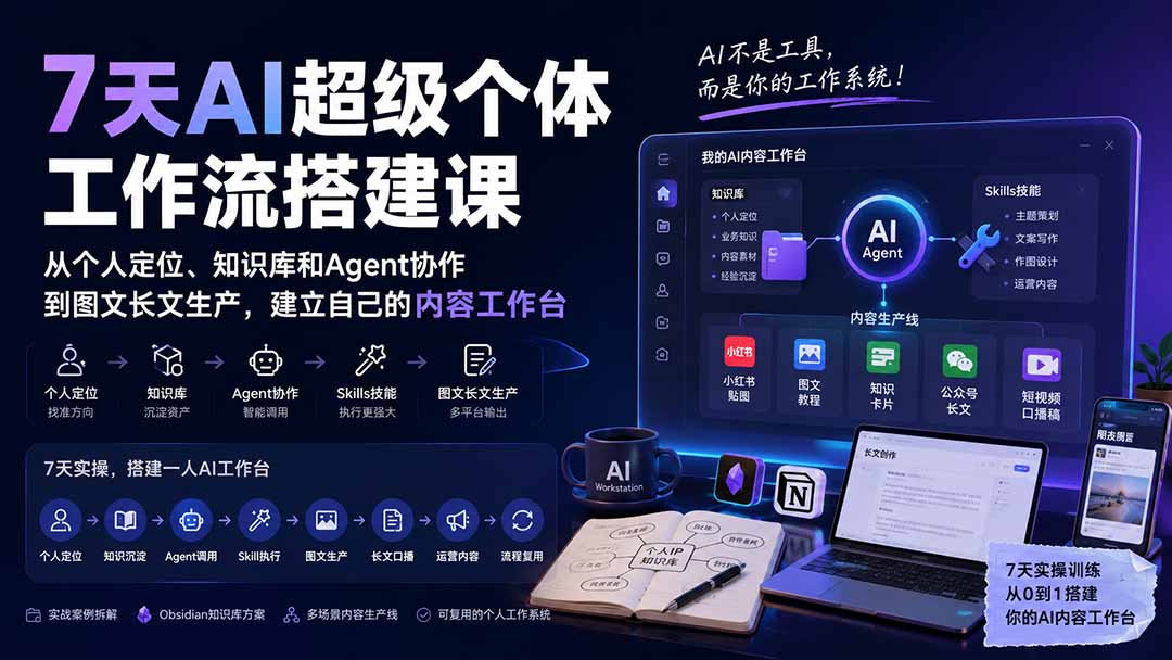 7天AI超级个体工作流搭建课：从个人定位、知识库和Agent协作到图文长文生产，建立自己的内容工作台 - 寻创社