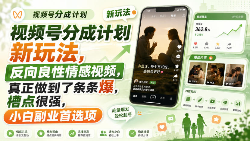 视频号分成计划新玩法，反向良性情感视频，真正做到了条条爆，槽点很强，小白副业首选项 - 寻创社