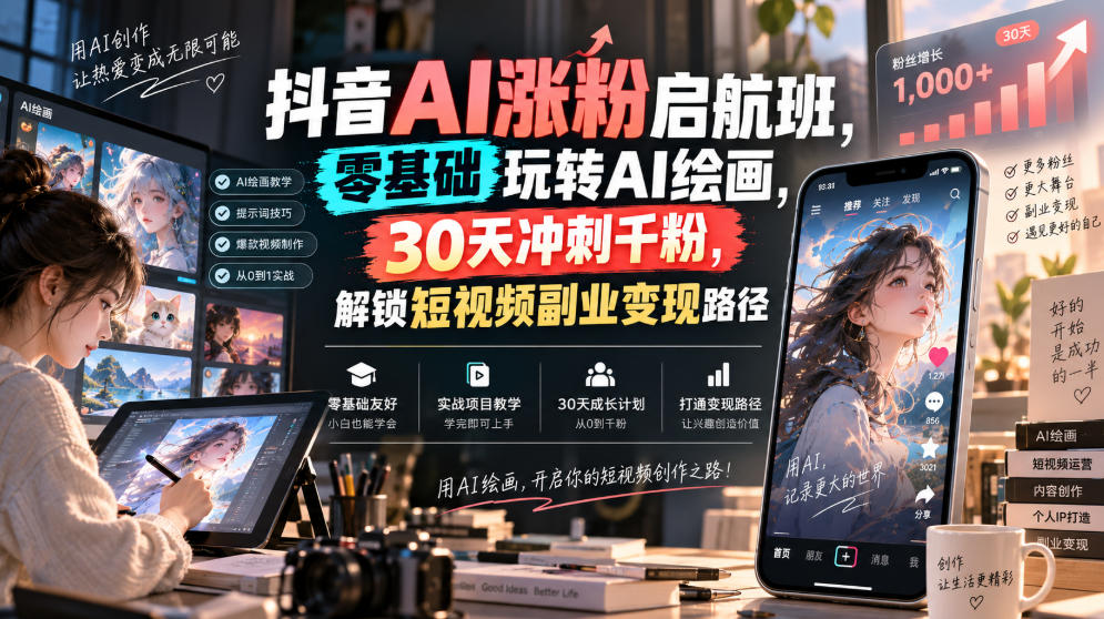 抖音AI涨粉启航班，零基础玩转AI绘画，30天冲刺千粉，解锁短视频副业变现路径 - 寻创社