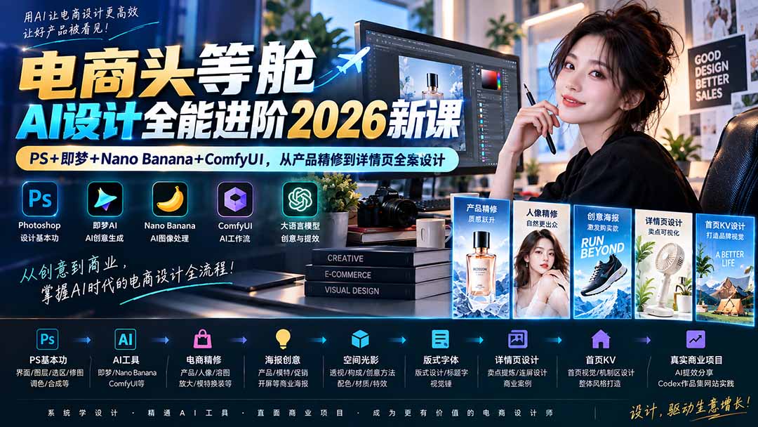 电商头等舱AI设计全能进阶2026新课：PS+即梦+Nano Banana+ComfyUI，从产品精修到详情页全案设计 - 寻创社