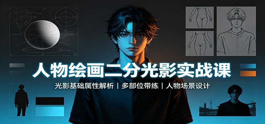 人物绘画二分光影实战课：光影基础属性解析，多部位带练，人物场景设计 - 寻创社