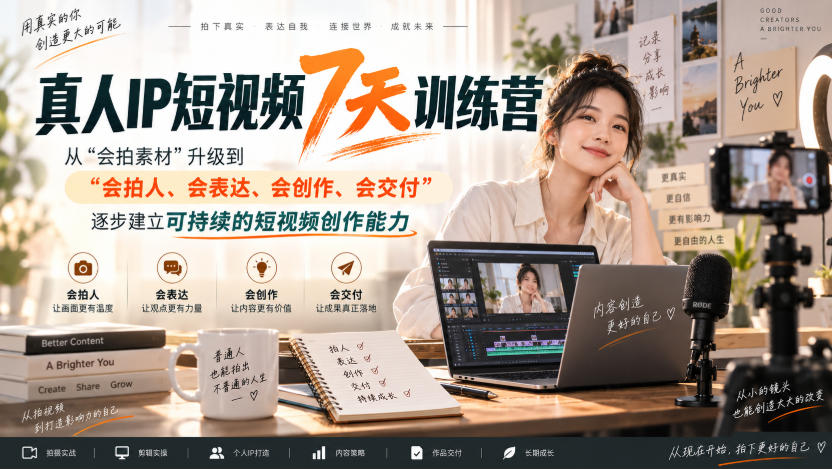 真人IP短视频7天训练营，从“会拍素材”升级到“会拍人、会表达、会创作、会交付”，逐步建立可持续的短视频创作能力 - 寻创社