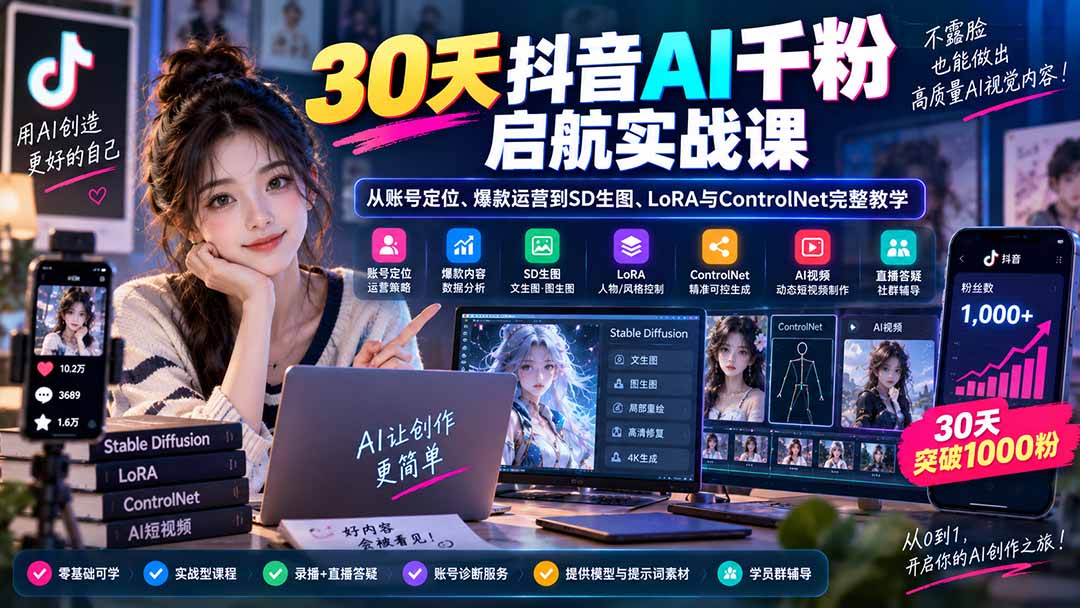 30天抖音AI千粉启航实战课:从账号定位、爆款运营到SD生图、LoRA与ControlNet完整教学 - 寻创社