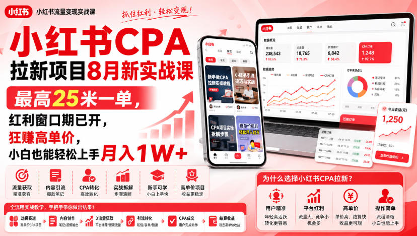 小红书CPA拉新项目8月新实战课，最高25米一单，红利窗口期已开，狂賺高单价，小白也能轻松上手月入1W+(更新0907) - 寻创社