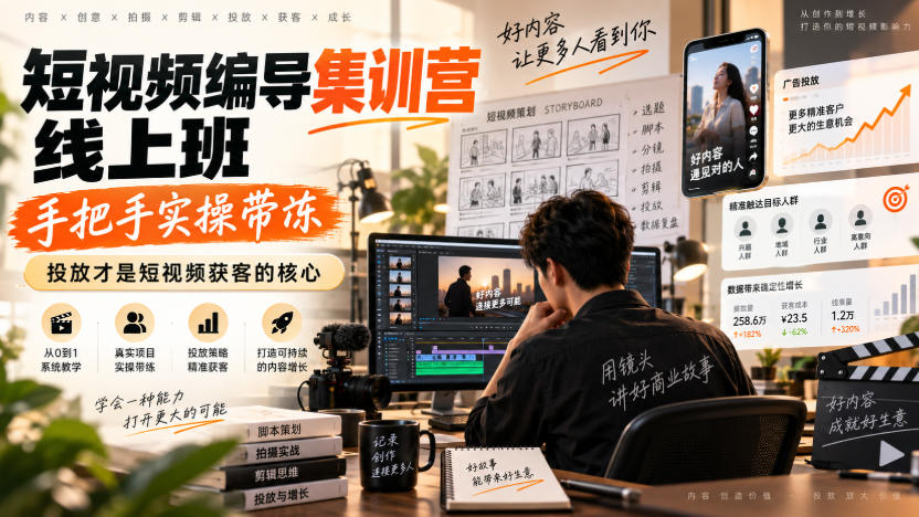 短视频编导集训营线上班，手把手实操带冻，投放才是短视频获客的核心 - 寻创社