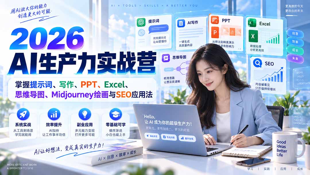 2026AI生产力实战营：掌握提示词、写作、PPT、Excel、思维导图、Midjourney绘画与SEO应用法 - 寻创社