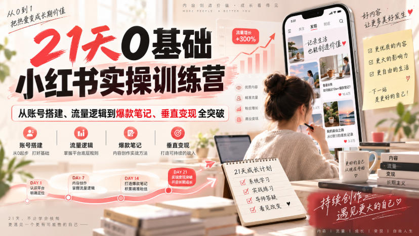 21天0基础小红书实操训练营｜从账号搭建、流量逻辑到爆款笔记、垂直变现全突破 - 寻创社