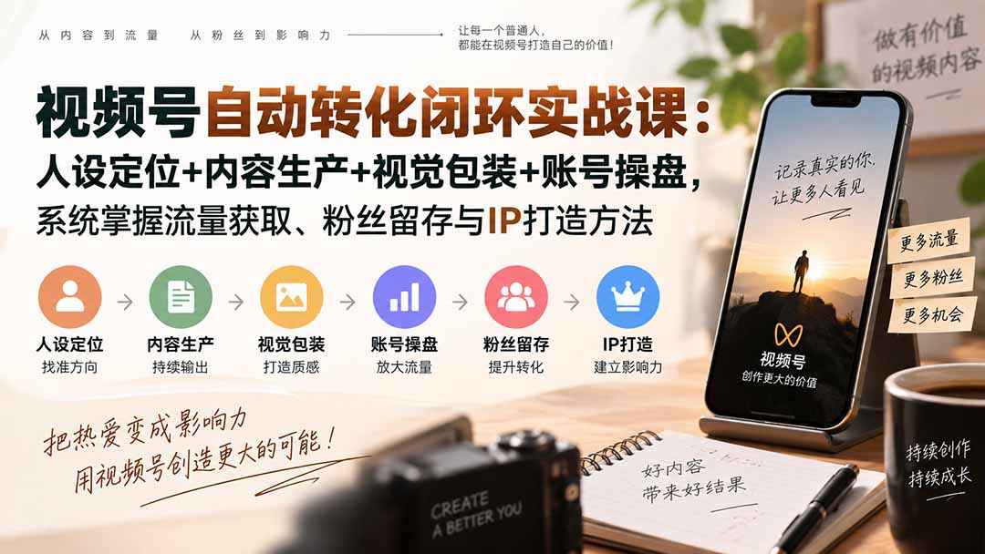视频号自动转化闭环实战课：人设定位+内容生产+视觉包装+账号操盘，系统掌握流量获取、粉丝留存与IP打造方法 - 寻创社