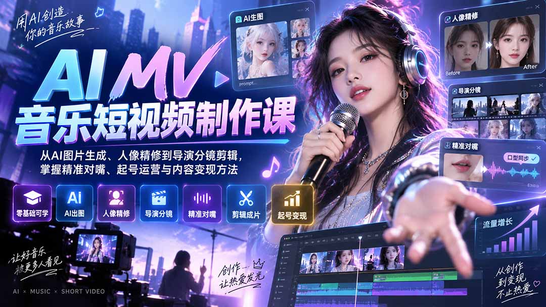 AI MV音乐短视频制作课:从AI图片生成、人像精修到导演分镜剪辑,掌握精准对嘴、起号运营与内容变现方法 - 寻创社