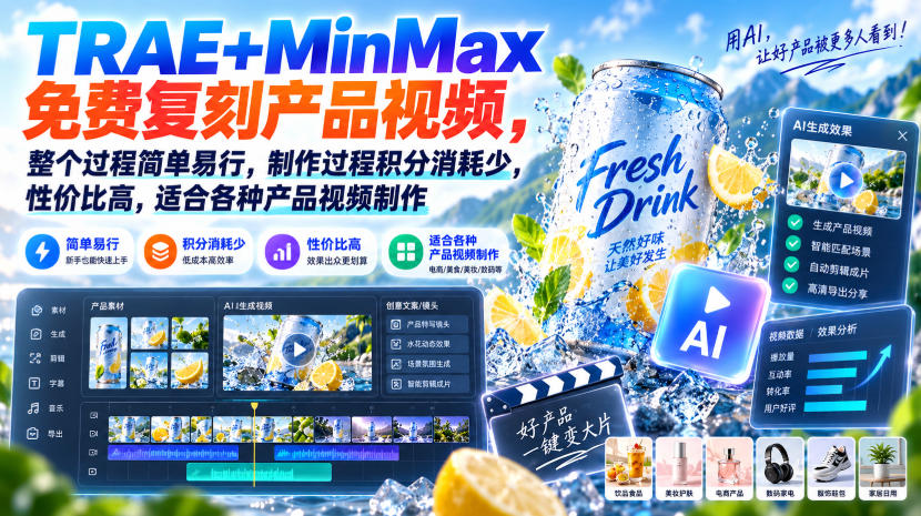 TRAE+MinMax免费复刻产品视频，整个过程简单易行，制作过程积分消耗少，性价比高，适合各种产品视频制作 - 寻创社
