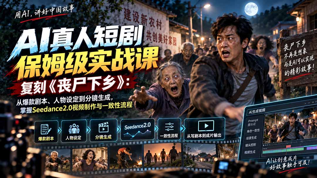 AI真人短剧保姆级实战课，复刻《丧尸下乡》：从爆款剧本、人物设定到分镜生成，掌握Seedance2.0视频制作与一致性流程 - 寻创社