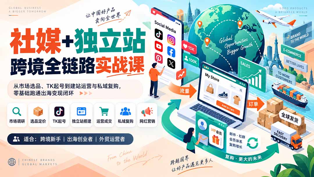 社媒+独立站跨境全链路实战课：从市场选品、TK起号到建站运营与私域复购，零基础跑通出海变现闭环 - 寻创社