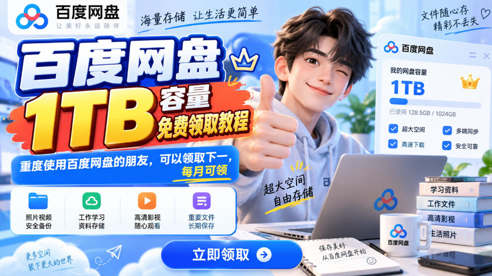 百度网盘1TB容量免费领取教程，重度使用百度网盘的朋友，可以领取下一，每月可领 - 寻创社