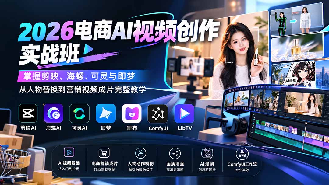 2026电商AI视频创作实战班：掌握剪映、海螺、可灵与即梦，从人物替换到营销视频成片完整教学 - 寻创社