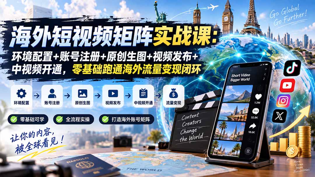 海外短视频矩阵实战课：环境配置+账号注册+原创生图+视频发布+中视频开通，零基础跑通海外流量变现闭环 - 寻创社