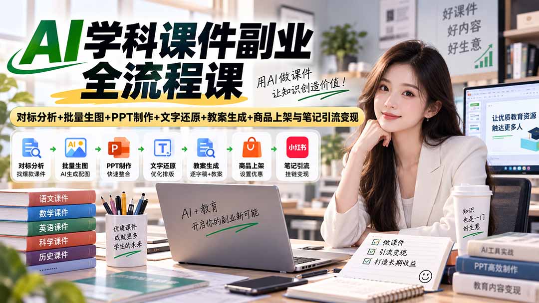 AI学科课件副业全流程课｜对标分析+批量生图+PPT制作+文字还原+教案生成+商品上架与笔记引流变现 - 寻创社