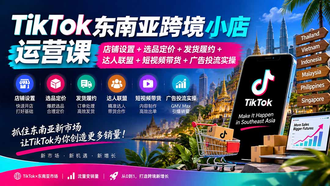 TikTok东南亚跨境小店运营课：店铺设置+选品定价+发货履约+达人联盟+短视频带货+广告投流实操 - 寻创社