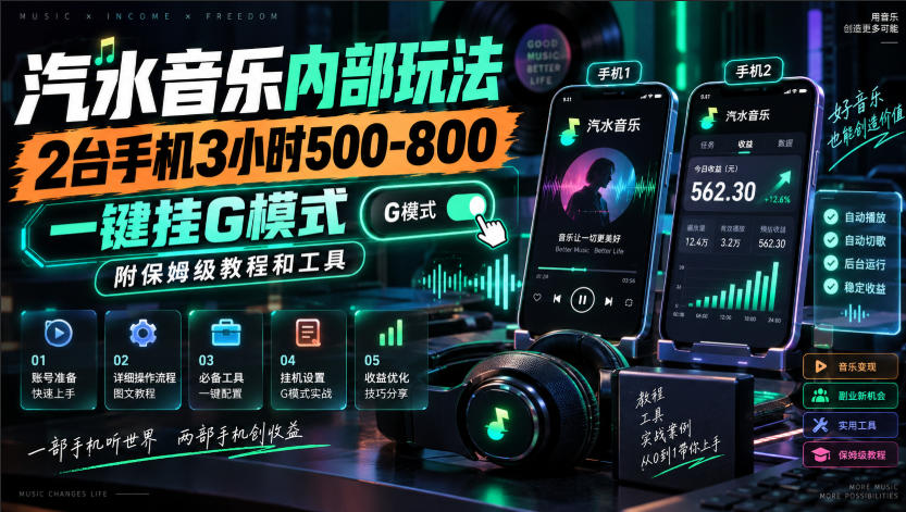 汽水音乐内部玩法，2台手机3小时500-800，一键挂G模式，附保姆级教程和工具【揭秘】 - 寻创社
