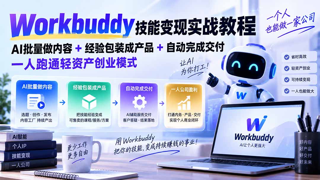 Workbuddy技能变现实战教程：AI批量做内容+经验包装成产品+自动完成交付，一人跑通轻资产创业模式 - 寻创社