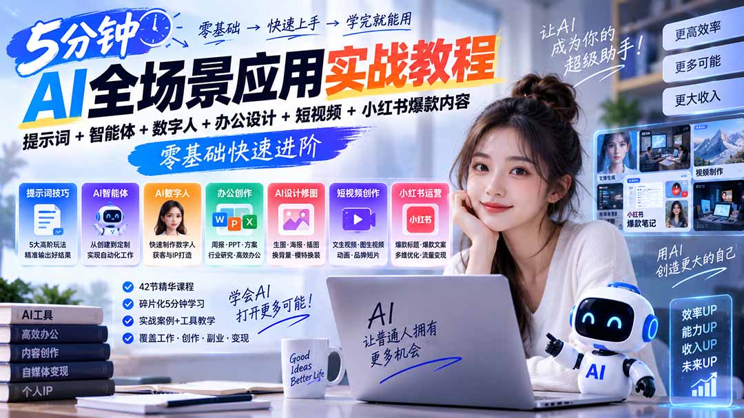 AI全场景应用实战教程｜提示词+智能体+数字人+办公设计+短视频+小红书爆款内容，零基础快速进阶 - 寻创社