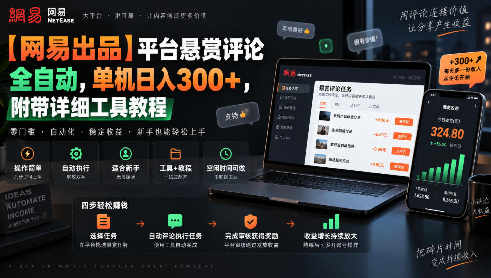 【网易出品】平台悬赏评论全自动，单机日入300+，附带详细工具教程【揭秘】 - 寻创社