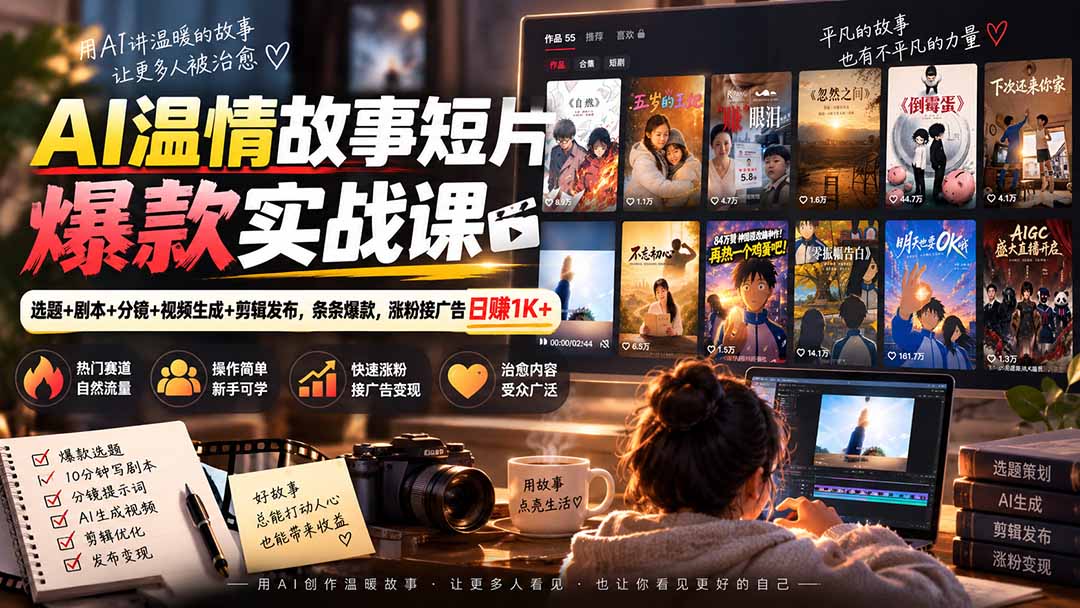 AI温情故事短片爆款实战课-更新｜选题+剧本+分镜+视频生成+剪辑发布，条条爆款，涨粉接广告日赚1K+ - 寻创社