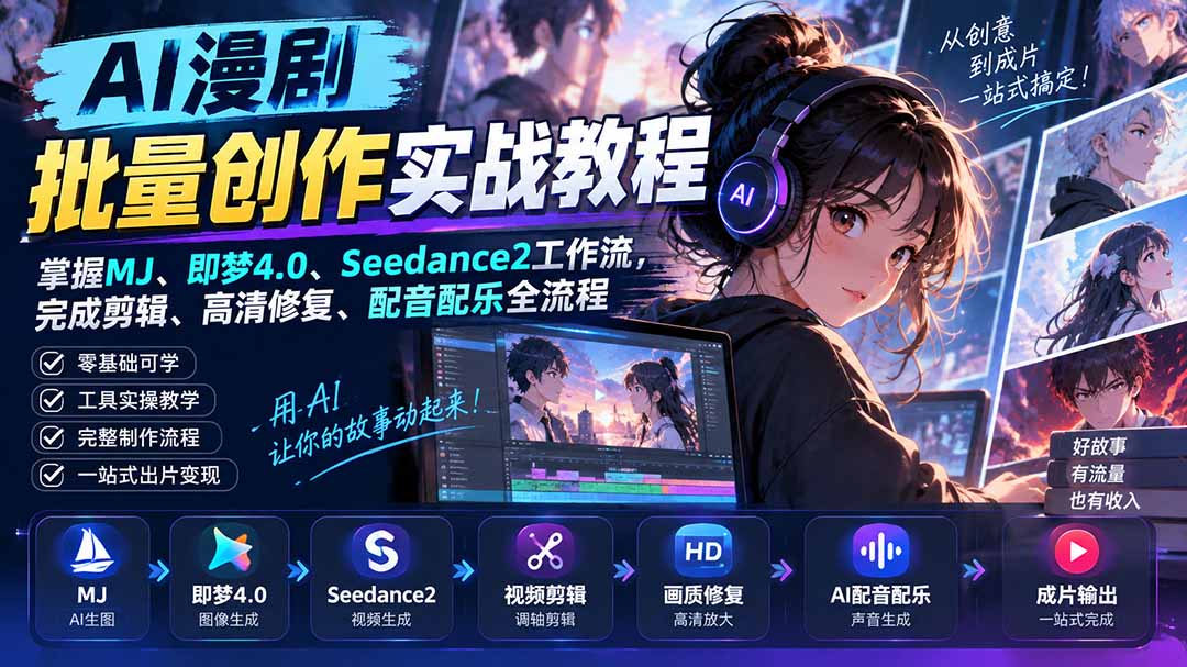 AI漫剧批量创作实战教程:掌握MJ、即梦4.0、Seedance2工作流,完成剪辑、高清修复、配音配乐全流程 - 寻创社