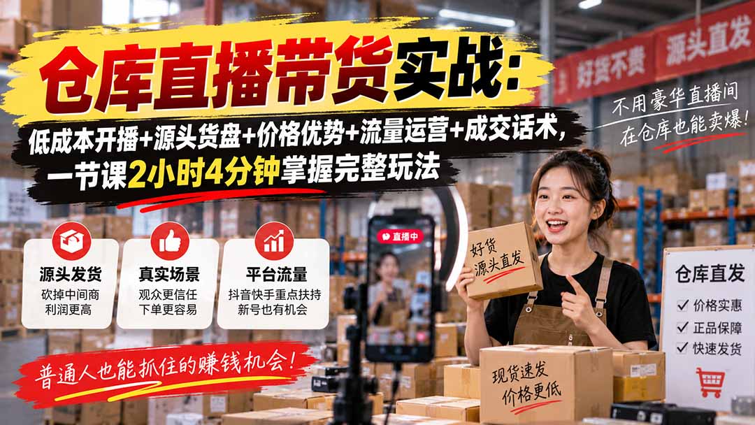 仓库直播带货实战：低成本开播+源头货盘+价格优势+流量运营+成交话术，一节课2小时4分钟掌握完整玩法 - 寻创社