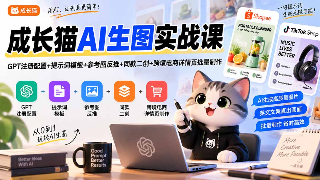 成长猫AI生图实战课｜GPT注册配置+提示词模板+参考图反推+同款二创+跨境电商详情页批量制作 - 寻创社