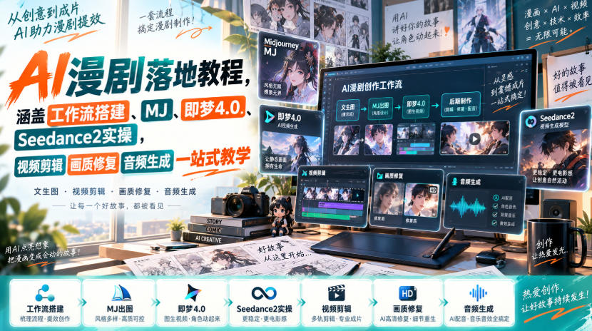 AI漫剧落地教程，涵盖工作流搭建、MJ、即梦4.0、Seedance2实操，视频剪辑画质修复音频生成一站式教学 - 寻创社