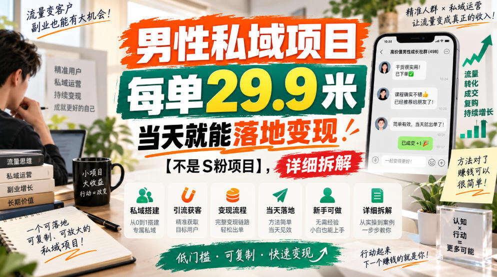 男性私域项目，每单29.9米，当天就能落地变现【不是S粉项目】，详细拆解 - 寻创社