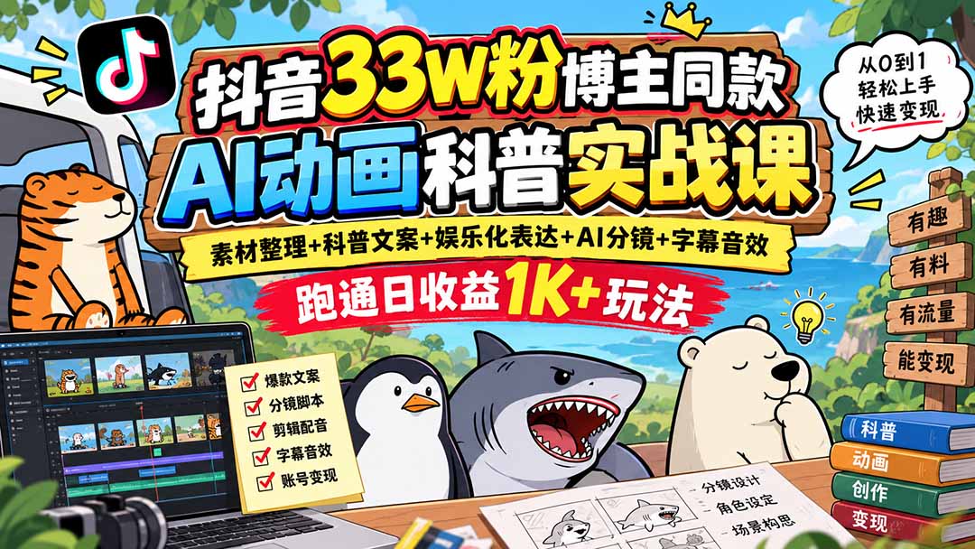抖音33W粉博主同款AI动画科普实战课｜素材整理+科普文案+娱乐化表达+AI分镜+字幕音效，跑通日收益1K+玩法 - 寻创社