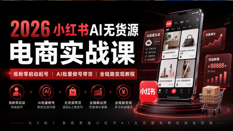 2026小红书AI无货源电商实战课｜低粉零启动起号｜AI批量做号带货全链路变现教程 - 寻创社