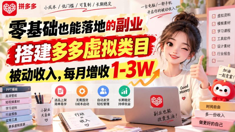零基础也能落地的副业，搭建多多虚拟类目被动收入，每月增收1-3W【揭秘】 - 寻创社