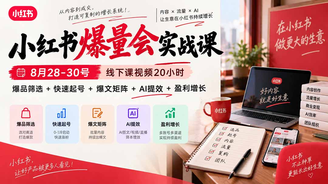 小红书爆量会实战课-更新9月17：线下课视频20小时，爆品筛选+快速起号+爆文矩阵+AI提效+盈利增长 - 寻创社