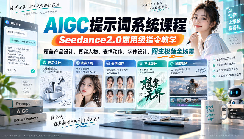 AIGC提示词系统课程，Seedance2.0商用级指令教学，覆盖产品设计、真实人物、表情动作、字体设计、图生视频全场景 - 寻创社