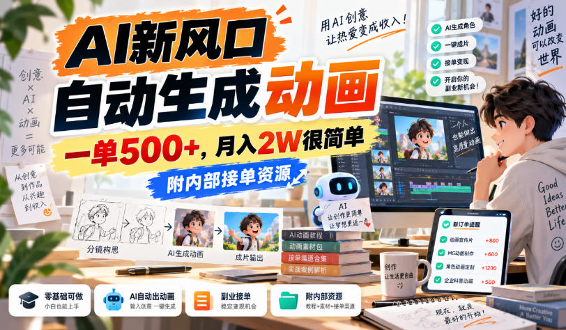 AI新风口，自动生成动画，一单500+，月入2W很简单，附内部接单资源【揭秘】 - 寻创社