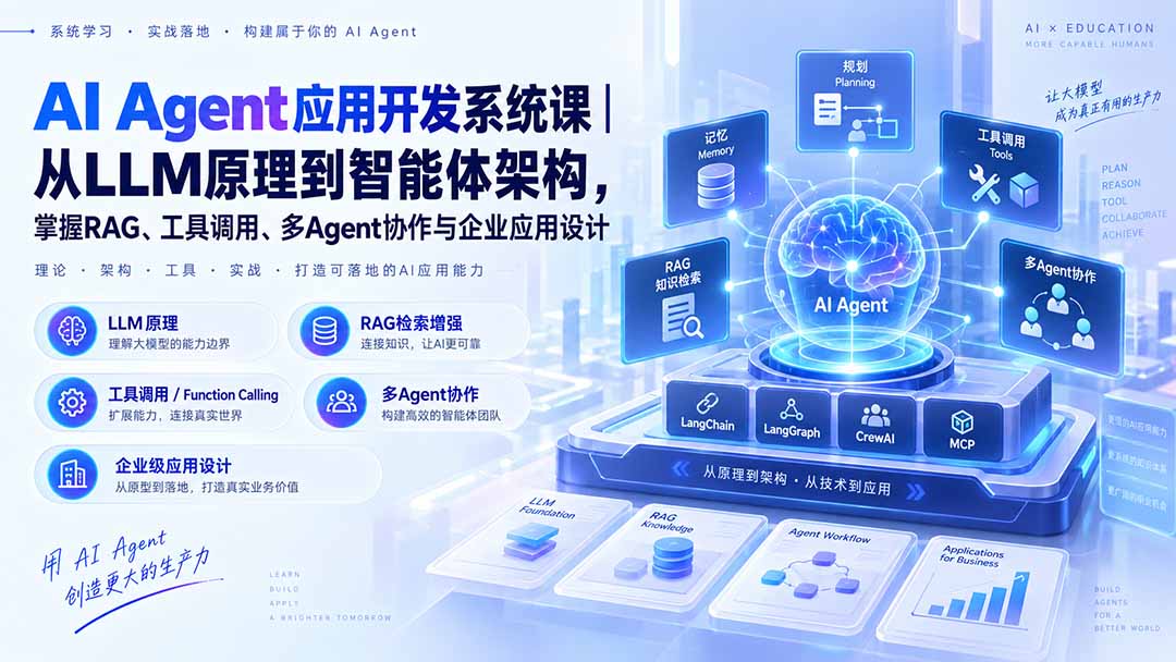 AI Agent应用开发系统课-179节｜从LLM原理到智能体架构，掌握RAG、工具调用、多Agent协作与企业应用设计 - 寻创社