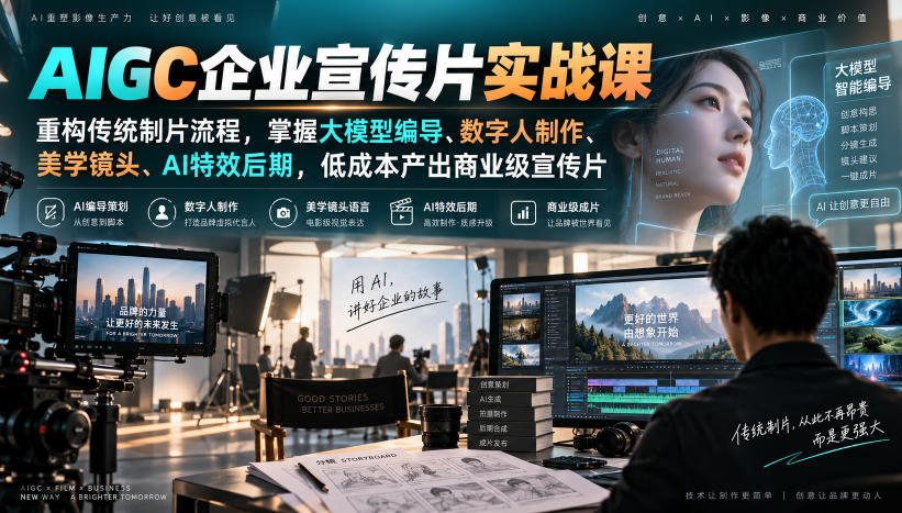 AIGC企业宣传片实战课，重构传统制片流程，掌握大模型编导、数字人制作、美学镜头、AI特效后期，低成本产出商业级宣传片 - 寻创社