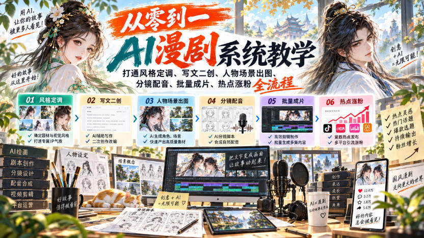 从零到一AI漫剧系统教学，打通风格定调、写文二创、人物场景出图、分镜配音、批量成片、热点涨粉全流程 - 寻创社
