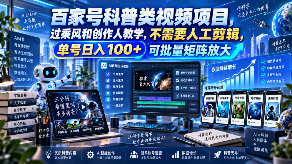 百家号科普类视频项目，过乘风和创作人教学，不需要人工剪辑，单号日入100+可批量矩阵放大 - 寻创社
