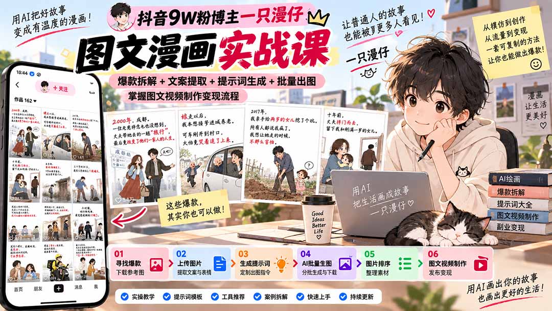 抖音9W粉博主一只漫仔图文漫画课：爆款拆解+文案提取+提示词生成+批量出图，掌握图文视频制作变现流程 - 寻创社