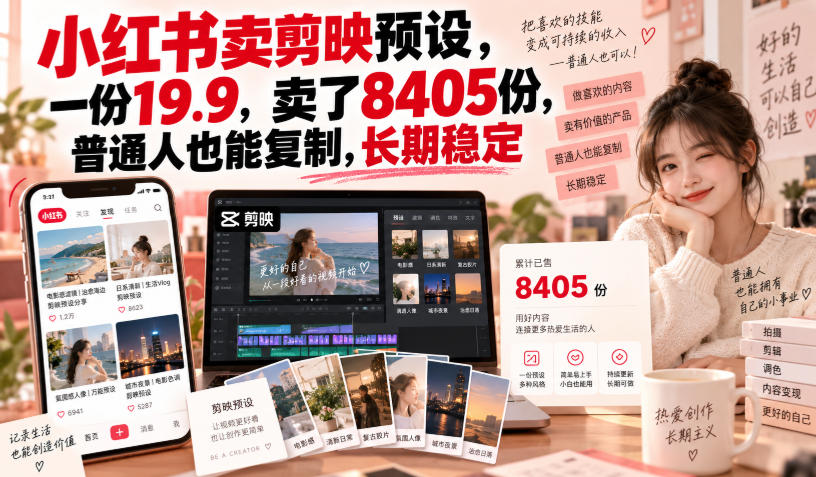 小红书卖剪映预设，一份19.9，卖了8405份，普通人也能复制，长期稳定 - 寻创社