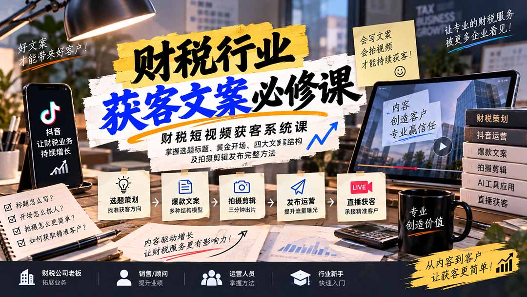 财税短视频获客系统课：掌握选题标题、黄金开场、四大文案结构及拍摄剪辑发布完整方法 - 寻创社